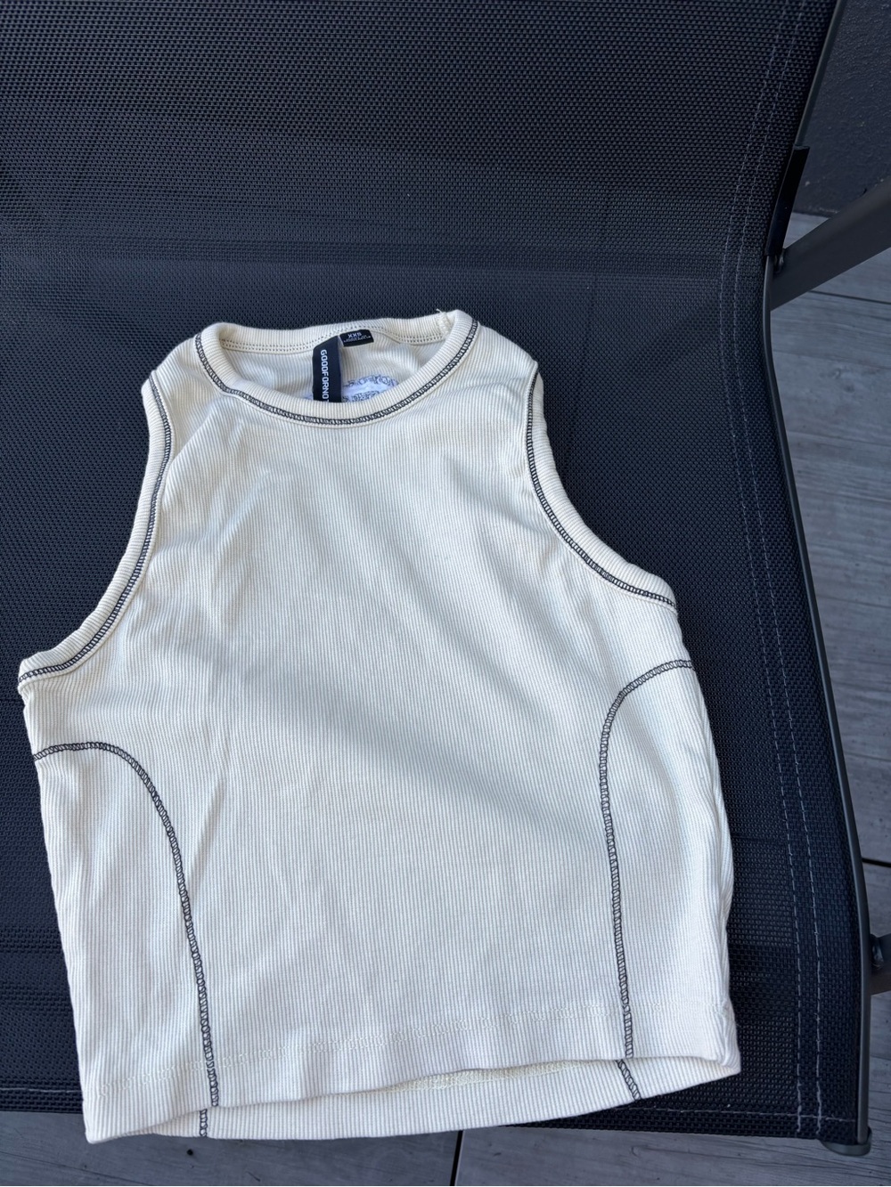 Cream Ribbed Tank Top with Contrast Stitching